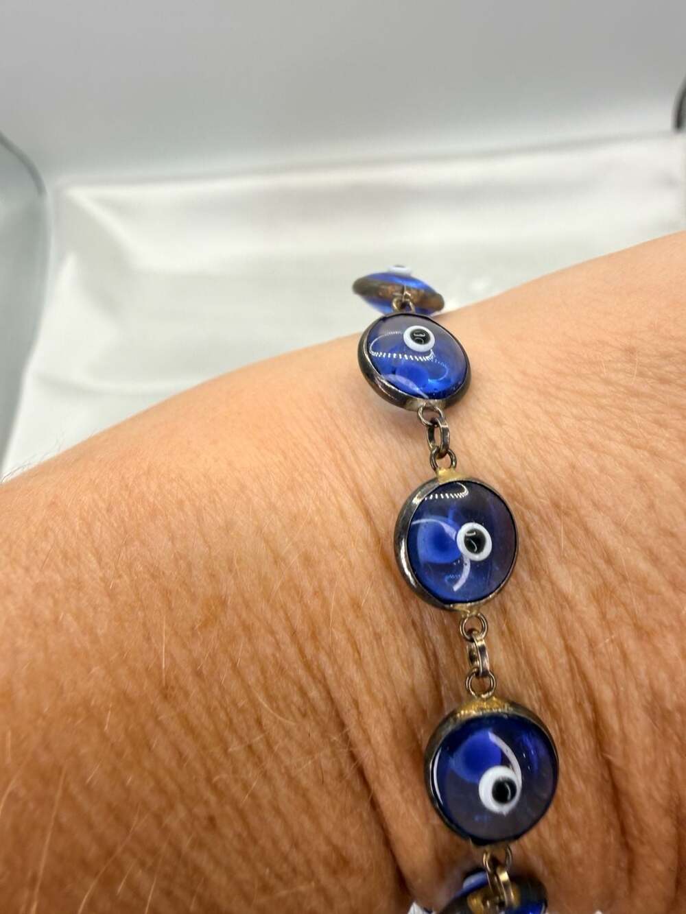 Vintage Evil Eye Bracelet Size 6.5 Inch Cobalt Blue Glass Silver Link